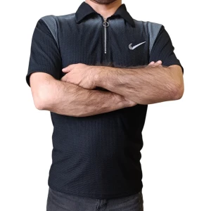 تیشرت یقه دار مردانه نیم زیپ بیسکویتی